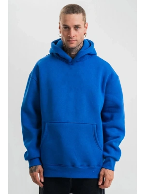 Erkek Saks Mavi Double Oversize 3 İplik Pamuklu Kapüşonlu Kanguru Cepli Sweatshirt Hoodie - Saks Mavi