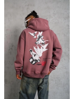 Erkek Şapkalı Güvercin Baskılı Kapşonlu Sweat - Gül Kurusu