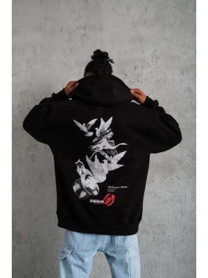 Erkek Şapkalı Güvercin Baskılı Kapşonlu Sweat - Siyah