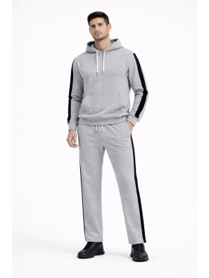 Erkek Şeritli Eşofman Takım Kapüşonlu Sweatshirt Boru Paça Alt, Oversize 3 iplik Pamuklu - Gri