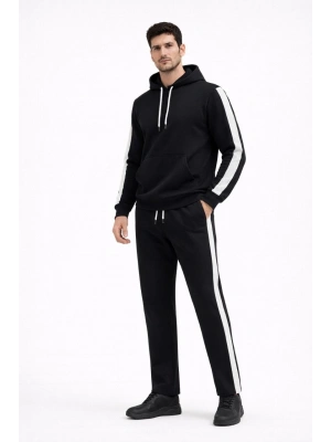 Erkek Şeritli Eşofman Takım Kapüşonlu Sweatshirt Boru Paça Alt, Oversize 3 iplik Pamuklu - Siyah