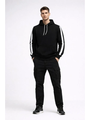 Erkek Şeritli Kapüşonlu Sweatshirt Oversize 3 iplik Pamuklu - Siyah