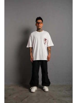 Erkek Sırt Baskılı A Kalite Oversize T-shirt - Beyaz