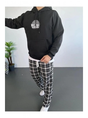 Erkek Sırt Baskılı Kapüşonlu Üç İplik Oversize Sweatshirt - Siyah