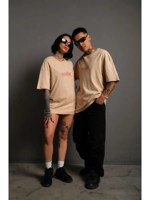 Erkek Sırt Baskılı Oversize T-shirt - Bej