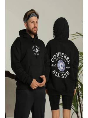 Erkek Sırt Baskılı Oversize Üç İplik Kapüşonlu Hoodie Sweatshirt - Siyah