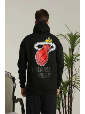 Erkek Sırt Baskılı Oversize Üç İplik Kapüşonlu Sweatshirt - Siyah