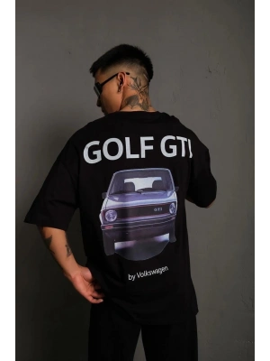 Erkek Oversize Baskılı Tişört – Golf GTI Retro Araba Desenli, Ön & Arka Dijital Baskı, Sokak Modası Stil - Siyah