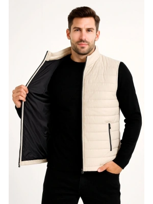 Erkek Şişme Fermuarlı Yelek Su itici Kapitone Astarlı Kumaş Cepli Hafif Kışlık Spor Rahat Kalıp -Bej