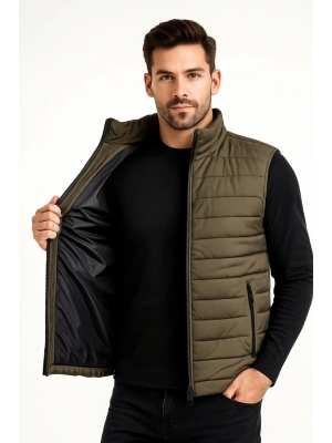 Erkek Şişme Fermuarlı Yelek Su itici Kapitone Astarlı Kumaş Cepli Hafif Kışlık Spor Rahat Kalıp - Haki