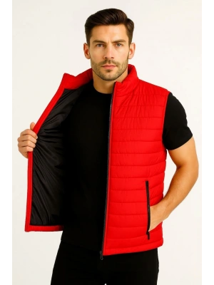Erkek Şişme Fermuarlı Yelek Su itici Kapitone Astarlı Kumaş Cepli Hafif Kışlık Spor Rahat Kalıp - Kırmızı