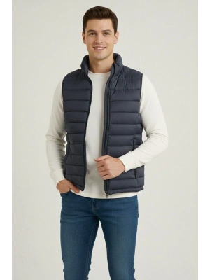 Erkek Şişme Fermuarlı Yelek Su itici Kapitone Astarlı Kumaş Cepli Hafif Kışlık Spor Rahat Kalıp - Lacivert