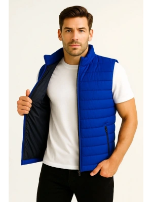 Erkek Şişme Fermuarlı Yelek Su itici Kapitone Astarlı Kumaş Cepli Hafif Kışlık Spor Rahat Kalıp - Saks Mavisi