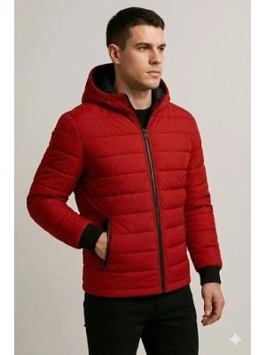 Erkek Şişme Kapüşonlu Fermuarlı Mont Su itici Kapitone Astarlı Kumaş Cepli Kışlık Rahat Kalıp - Kırmızı