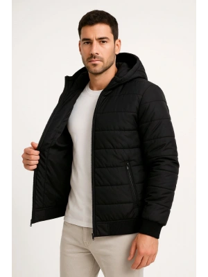 Erkek Şişme Kapüşonlu Fermuarlı Mont Su itici Kapitone Astarlı Kumaş Cepli Kışlık Rahat Kalıp - Siyah