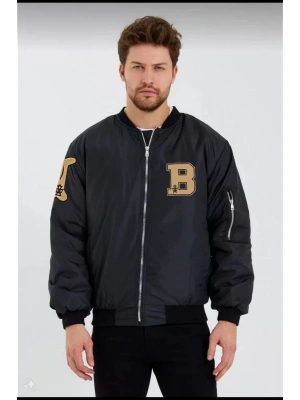 Erkek Siyah Bomber Kolej Mont – B Harfi ve Kemik Baskılı, Su İtici Kumaş, Kapitone Astarlı Fermuarlı Ceket - Siyah