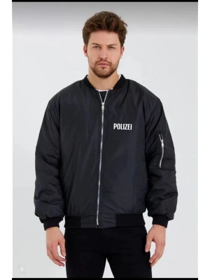 Erkek Siyah Bomber Mont – POLIZEI Yazılı, Fermuarlı Cepli, Kapitone Astarlı, Su İtici Kumaş Şık Günlük Ceket- Siyah