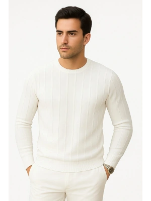 Erkek Slim Fit Dar Kesim Bisiklet Yaka Basic Şeritli Triko Kazak