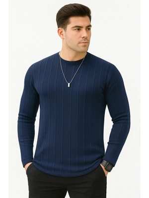 Erkek Slim Fit Dar Kesim Bisiklet Yaka Basic Şeritli Triko Kazak