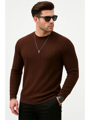 Erkek Slim Fit Dar Kesim Bisiklet Yaka Basic Şeritli Triko Kazak