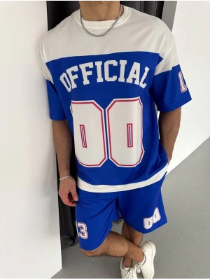 Erkek Şortlu Takım – Oversize İki İplik Kumaş, Ön & Arka Dijital Baskılı Tişört ve Lastikli Cepli Şort, Yazlık Günlük Spor Set - Mavi