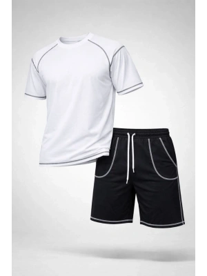 Erkek Spor Tişört Şort Takım Kontrast Dikiş Detaylı Ovarsize rahat kalıp - Beyaz