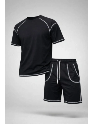 Erkek Spor Tişört Şort Takım Kontrast Dikiş Detaylı Ovarsize rahat kalıp - Siyah