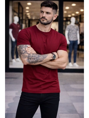 Erkek T-Shirt Bisiklet Yaka Slim Fit dar kesim Likralı Tişört Günlük Basic Body - Bordo