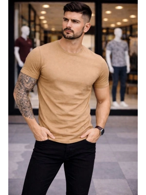 Erkek T-Shirt Bisiklet Yaka Slim Fit dar kesim Likralı Tişört Günlük Basic Body - Kahverengi