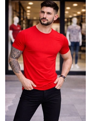 Erkek T-Shirt Bisiklet Yaka Slim Fit dar kesim Likralı Tişört Günlük Basic Body - Kırmızı