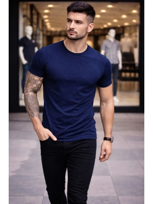 Erkek T-Shirt Bisiklet Yaka Slim Fit dar kesim Likralı Tişört Günlük Basic Body - Lacivert