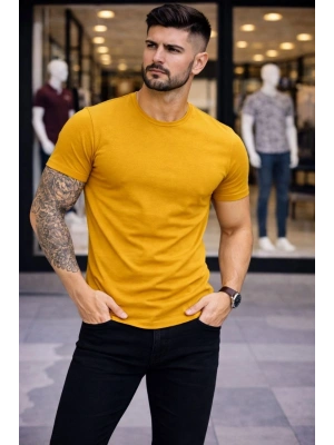 Erkek T-Shirt Bisiklet Yaka Slim Fit dar kesim Likralı Tişört Günlük Basic Body - Limon