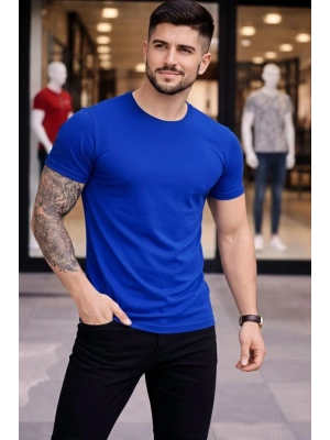 Erkek T-Shirt Bisiklet Yaka Slim Fit dar kesim Likralı Tişört Günlük Basic Body - Saks Mavisi