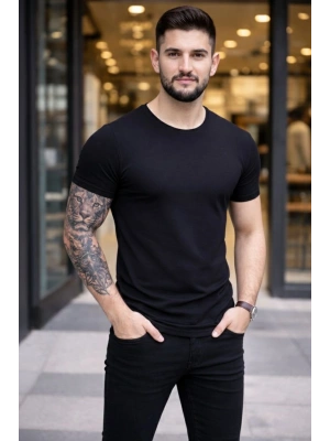 Erkek T-Shirt Bisiklet Yaka Slim Fit dar kesim Likralı Tişört Günlük Basic Body - Siyah