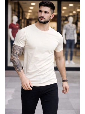 Erkek T-Shirt Bisiklet Yaka Slim Fit dar kesim Likralı Tişört Günlük Basic Body - Taş