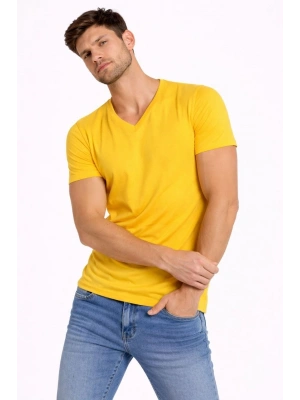 Erkek T-Shirt V Yaka Slim Fit dar kesim Likralı Tişört Günlük Basic Body - Limon
