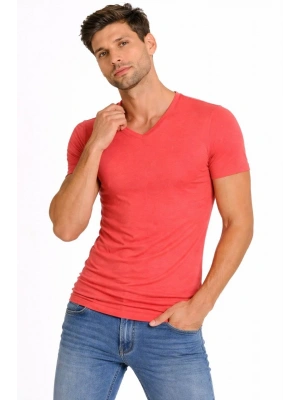 Erkek T-Shirt V Yaka Slim Fit dar kesim Likralı Tişört Günlük Basic Body - Nar Çiçeği