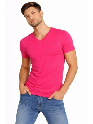 Erkek T-Shirt V Yaka Slim Fit dar kesim Likralı Tişört Günlük Basic Body - Pembe