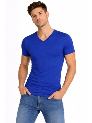 Erkek T-Shirt V Yaka Slim Fit dar kesim Likralı Tişört Günlük Basic Body - Saks Mavisi