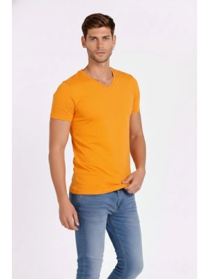 Erkek T-Shirt V Yaka Slim Fit dar kesim Likralı Tişört Günlük Basic Body - Sarı