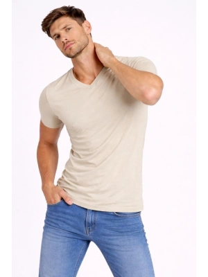 Erkek T-Shirt V Yaka Slim Fit dar kesim Likralı Tişört Günlük Basic Body - Taş