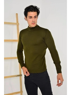 Erkek Tam Balıkçı Yaka Düz Renk Kazak - Yeşil