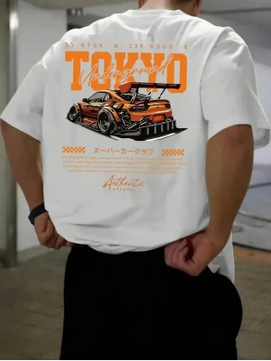 Erkek Turuncu Spor Araba Grafik Tişört - TOKYO Baskılı Günlük Oversize Kısa Kollu Tişört, Yetişkinler için Yazlık Giyim, Turuncu Araba Tasarımı - Beyaz