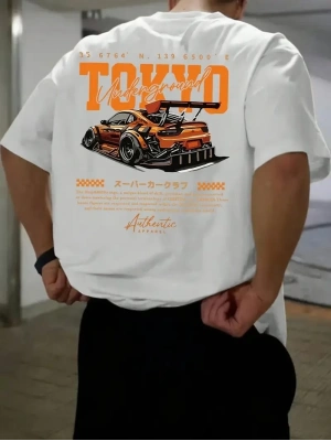 Erkek Turuncu Spor Araba Grafik Tişört - TOKYO Baskılı Günlük Oversize Kısa Kollu Tişört, Yetişkinler için Yazlık Giyim, Turuncu Araba Tasarımı - Beyaz