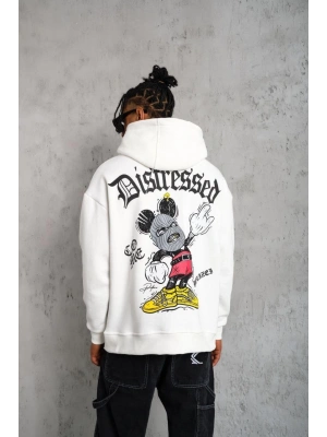 Erkek Üç İplik Baskılı Kapüşonlu Sweat - Beyaz