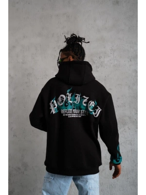 Erkek Üç İplik İçi Pamuklu Alev Baskılı Kapüşonlu Sweatshirt - Siyah