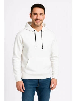 Erkek Üç İplik Kapüşonlu Kanguru Cepli SweatShirt hoodie - Beyaz