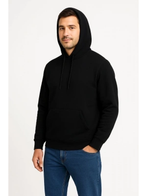 Erkek Üç İplik Kapüşonlu Kanguru Cepli SweatShirt hoodie - Siyah