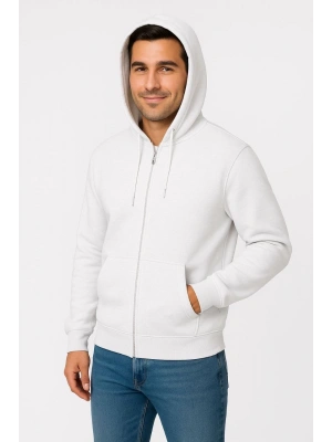 Erkek Üç İplik Kapüşonlu Tam Fermuarlı Kanguru Cepli SweatShirt Hoodie - Beyaz