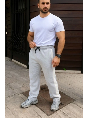 Erkek Üç İplik Kışlık Pamuklu Yandan Garneli Kalın Bej Şeritli Cepli Eşofman Altı - Gri